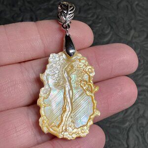 Tree Spirit Deity Goddess and Flowers Carved in Mother of Pearl Pendant